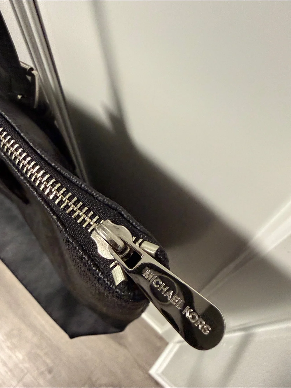 Michael Kors Black Logo Tote Bag- signature MK print; silver hardware